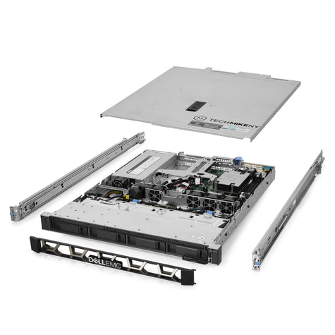 1U 4-Bay PowerEdge R240 3.5'' SAS \/ SATA quarter turn view with lid raised to show interior components, with 1 PSU, bezel, and rail kit TM-240-SAP-006