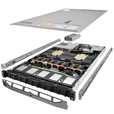 1U 10-Bay PowerEdge R630 2.5 quarter turn view with lid raised to show interior components, with 1 PSU, bezel, and rail kit TM-630-SAP-479