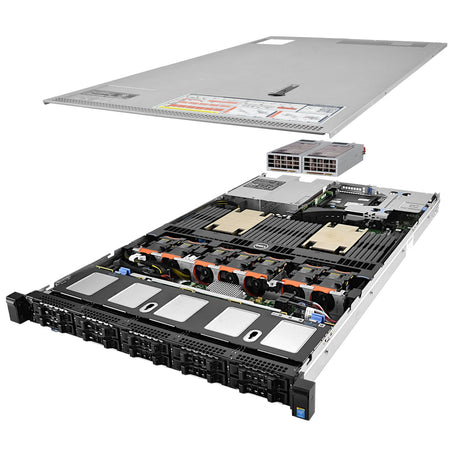 1U 10-Bay PowerEdge R630 2.5'' SAS \/ SATA quarter turn view with lid raised to show interior components, with 2 PSUs TM-SAP-630-217