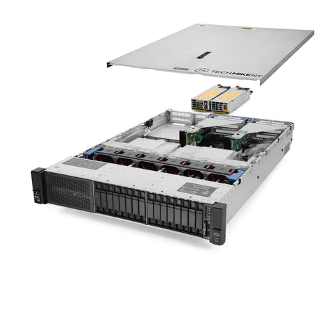 2U 16-Bay ProLiant DL380 G10 8x 2.5'' NVMe quarter turn view with lid raised to show interior components, with 2 PSUs TM-SAP-380-10-298