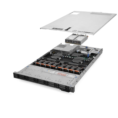 1U 10-Bay PowerEdge R640 2.5'' SAS \/ SATA quarter turn view with lid raised to show interior components, with 2 PSUs TIPS-Server-5