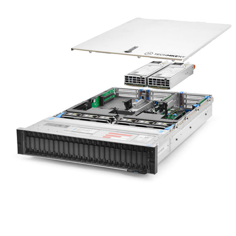 2U 24-Bay PowerEdge R740xd NVMe 2.5'' NVMe quarter turn view with lid raised to show interior components, with 2 PSUs TM-SAP-740xd-483