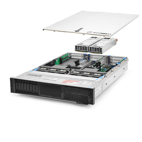 2U 8-Bay PowerEdge R740 2.5'' SAS \/ SATA quarter turn view with lid raised to show interior components, with 2 PSUs TM-740-SAP-574