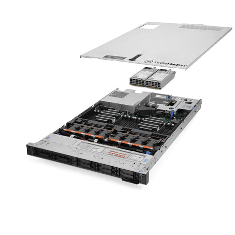 1U 8-Bay PowerEdge R640 QS 2.5'' SAS \/ SATA quarter turn view with lid raised to show interior components, with 2 PSUs TIPS-Server-2