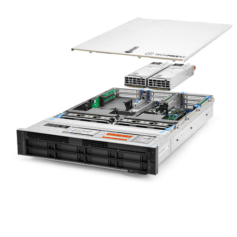 2U 8-Bay PowerEdge R740 3.5'' SAS \/ SATA quarter turn view with lid raised to show interior components, with 2 PSUs TM-740-SAP-536