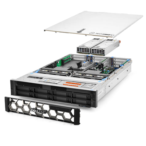 2U 8-Bay PowerEdge R740 3.5'' SAS \/ SATA quarter turn view with lid raised to show interior components,  TM-740-SAP-486
