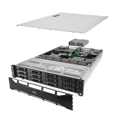 2U 12-Bay PowerEdge R730xd 3.5'' SAS \/ SATA quarter turn view with lid raised to show interior components, with 2 PSUs and bezel TM-SAP-730xd-575