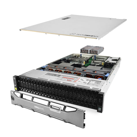 2U 24-Bay PowerEdge R730xd QS 2.5'' SAS \/ SATA quarter turn view with lid raised to show interior components, with 2 PSUs and bezel Exchange