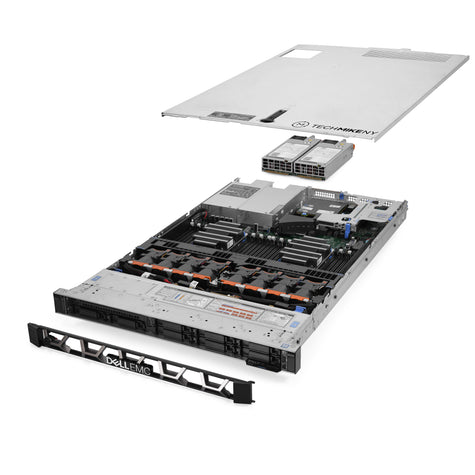 1U 8-Bay PowerEdge R640 2.5'' SAS \/ SATA quarter turn view with lid raised to show interior components, with 2 PSUs and bezel TM-640-SAP-979