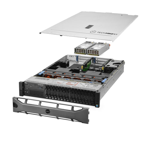 2U 16-Bay PowerEdge R730 2.5'' SAS \/ SATA quarter turn view with lid raised to show interior components, with 2 PSUs and bezel TM-SAP-730-253