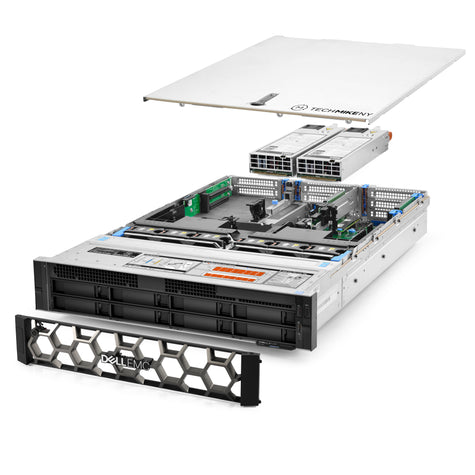 2U 8-Bay PowerEdge R740 3.5'' SAS \/ SATA quarter turn view with lid raised to show interior components, with 2 PSUs and bezel TM-740-SAP-484