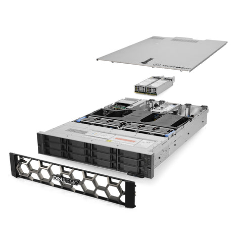 2U 12-Bay PowerEdge R750xs 3.5'' SAS \/ SATA quarter turn view with lid raised to show interior components, with 2 PSUs and bezel TM-750xs-SAP-027