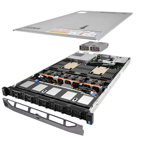 1U 10-Bay PowerEdge R630 2.5'' SAS \/ SATA quarter turn view with lid raised to show interior components, with 2 PSUs and bezel TM-630-SAP-877