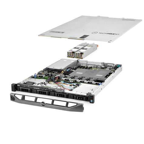 1U 4-Bay PowerEdge R430 3.5'' SAS \/ SATA quarter turn view with lid raised to show interior components, with 2 PSUs and bezel ZULUSVR