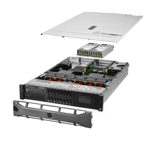 2U 8-Bay PowerEdge R730 2.5'' SAS \/ SATA quarter turn view with lid raised to show interior components, with 2 PSUs and bezel TM-730-SAP-922