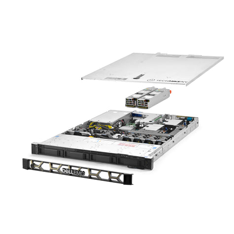 1U 4-Bay PowerEdge R440 3.5'' SAS \/ SATA quarter turn view with lid raised to show interior components, with 2 PSUs and bezel TM-440-SAP-093