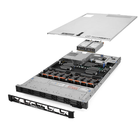 1U 10-Bay PowerEdge R640 2.5'' SAS \/ SATA quarter turn view with lid raised to show interior components, with 2 PSUs and bezel Sentex