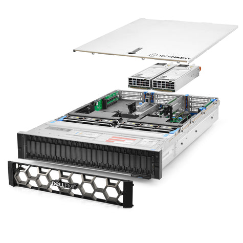 2U 24-Bay PowerEdge R740xd NVMe 8x 2.5'' NVMe quarter turn view with lid raised to show interior components, with 2 PSUs and bezel TM-740xd-SAP-947