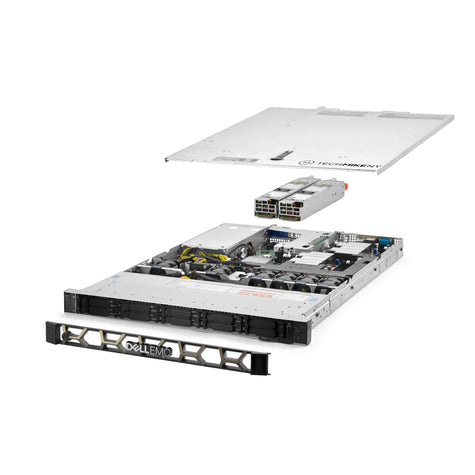 1U 10-Bay PowerEdge R440 2.5'' SAS \/ SATA quarter turn view with lid raised to show interior components, with 2 PSUs and bezel TM-440-SAP-173