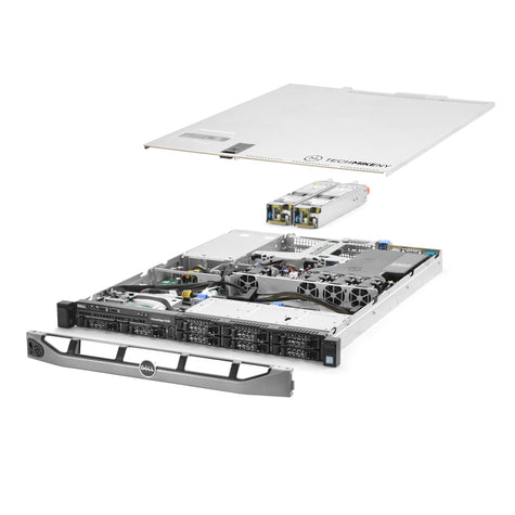 1U 8-Bay PowerEdge R330 2.5'' SAS \/ SATA quarter turn view with lid raised to show interior components, with 2 PSUs and bezel TM-330-SAP-080