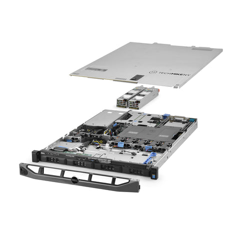1U 4-Bay PowerEdge R430 Cabled 3.5'' SAS \/ SATA quarter turn view with lid raised to show interior components, with 2 PSUs and bezel TM-430-SAP-182