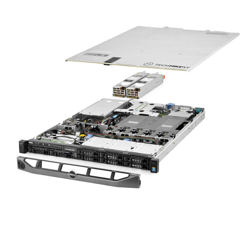 1U 8-Bay PowerEdge R430 2.5'' SAS \/ SATA quarter turn view with lid raised to show interior components, with 2 PSUs and bezel TM-430-SAP-118