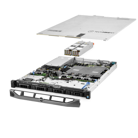 1U 4-Bay PowerEdge R430 3.5'' SAS \/ SATA quarter turn view with lid raised to show interior components, with 2 PSUs and bezel TECHMIKEPRODUCTIONsrv