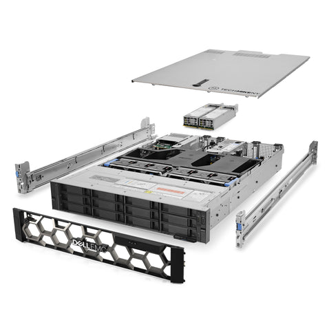 2U 12-Bay PowerEdge R750xs 3.5'' SAS \/ SATA quarter turn view with lid raised to show interior components,  TM-750xs-SAP-074
