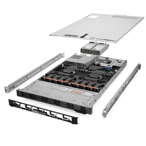 1U 10-Bay VxR E560F NVMe 4x 2.5'' NVMe quarter turn view with lid raised to show interior components, with 2 PSUs, bezel, and rail kit TM-VXRE560F-SAP-172