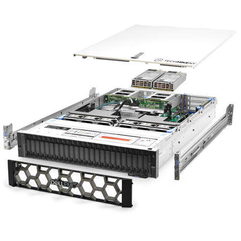 2U 24-Bay PowerEdge R7425 NVMe 2.5'' NVMe quarter turn view with lid raised to show interior components, with 2 PSUs, bezel, and rail kit TM-7425-SAP-024