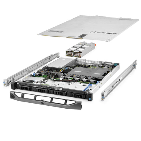 1U 4-Bay PowerEdge R430 3.5'' SAS \/ SATA quarter turn view with lid raised to show interior components, with 2 PSUs, bezel, and rail kit GCH-Tulsa