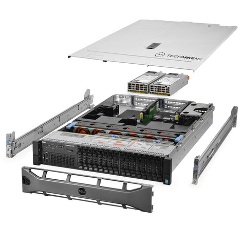 2U 16-Bay PowerEdge R730 2.5'' SAS \/ SATA quarter turn view with lid raised to show interior components, with 2 PSUs, bezel, and rail kit HND