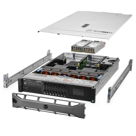 2U 8-Bay PowerEdge R730 2.5'' SAS \/ SATA quarter turn view with lid raised to show interior components, with 2 PSUs, bezel, and rail kit HeimosNORMserver