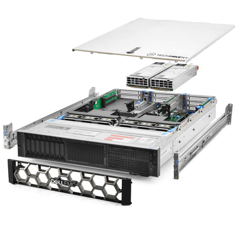 2U 8-Bay PowerEdge R740 2.5'' SAS \/ SATA quarter turn view with lid raised to show interior components, with 2 PSUs, bezel, and rail kit TM-740-SAP-578