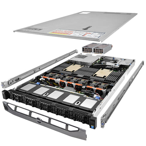 1U 10-Bay PowerEdge R630 2.5'' SAS \/ SATA quarter turn view with lid raised to show interior components, with 2 PSUs, bezel, and rail kit Quality-Roofing