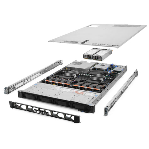 1U 4-Bay PowerEdge R640 3.5'' SAS \/ SATA quarter turn view with lid raised to show interior components, with 2 PSUs, bezel, and rail kit sa-worker-server