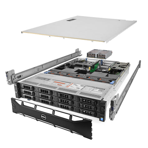2U 12-Bay PowerEdge R730xd 3.5'' SAS \/ SATA quarter turn view with lid raised to show interior components, with 2 PSUs, bezel, and rail kit HCI_Node