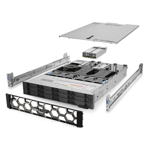 2U 12-Bay PowerEdge R750xs 3.5'' SAS \/ SATA quarter turn view with lid raised to show interior components, with 2 PSUs, bezel, and rail kit TM-750xs-SAP-044