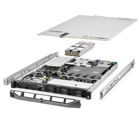 1U 8-Bay PowerEdge R430 2.5'' SAS \/ SATA quarter turn view with lid raised to show interior components, with 2 PSUs, bezel, and rail kit TM-430-SAP-715