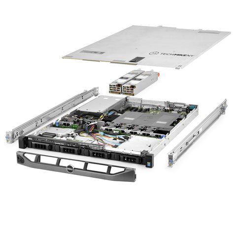1U 4-Bay PowerEdge R430 3.5'' SAS \/ SATA quarter turn view with lid raised to show interior components, with 2 PSUs, bezel, and rail kit TM-430-SAP-421