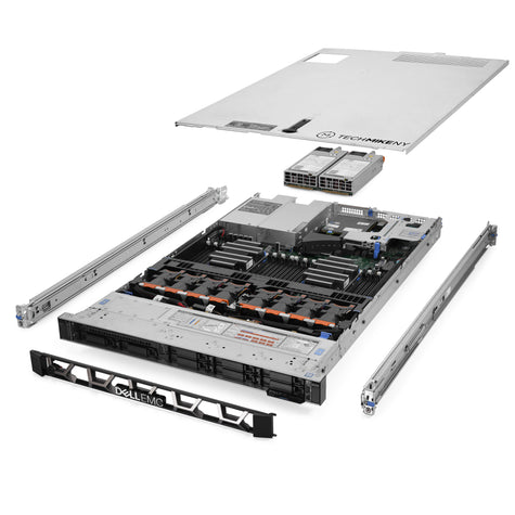 1U 8-Bay PowerEdge R640 2.5'' SAS \/ SATA quarter turn view with lid raised to show interior components, with 2 PSUs, bezel, and rail kit TM-640-SAP-001