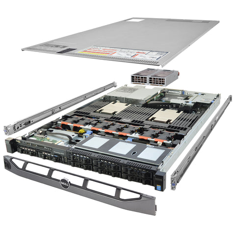 1U 8-Bay PowerEdge R630 2.5'' SAS \/ SATA quarter turn view with lid raised to show interior components, with 2 PSUs, bezel, and rail kit TM-630-SAP-969