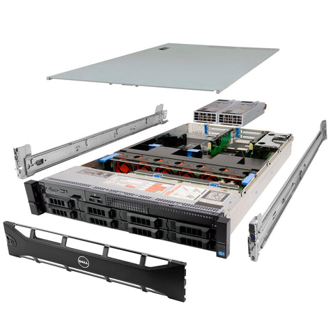 2U 8-Bay PowerEdge R730 3.5'' SAS \/ SATA quarter turn view with lid raised to show interior components, with 2 PSUs, bezel, and rail kit CarbonPDM