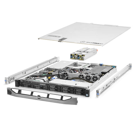 1U 8-Bay PowerEdge R330 2.5'' SAS \/ SATA quarter turn view with lid raised to show interior components, with 2 PSUs, bezel, and rail kit TM-330-SAP-094