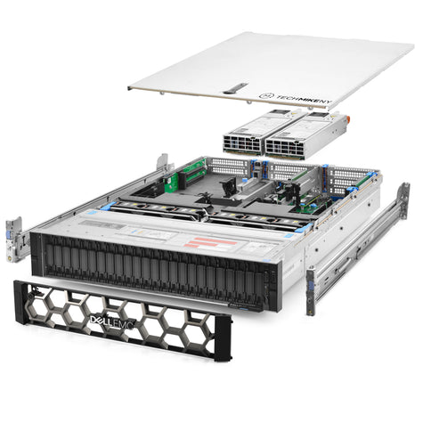 2U 24-Bay VxR P570F NVMe 8x 2.5'' NVMe quarter turn view with lid raised to show interior components, with 2 PSUs, bezel, and rail kit TM-VXRP570F-SAP-099