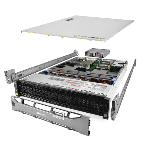 2U 24-Bay PowerEdge R730xd FZ 2.5'' SAS \/ SATA quarter turn view with lid raised to show interior components, with 2 PSUs, bezel, and rail kit TM-730xd-SAP-669