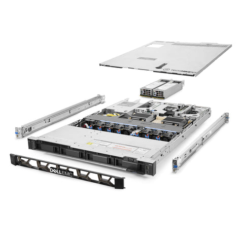 1U 4-Bay PowerEdge R450 3.5'' SAS \/ SATA quarter turn view with lid raised to show interior components, with 2 PSUs, bezel, and rail kit TM-450-SAP-043