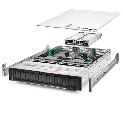 2U 24-Bay VxR P570F 8x 2.5'' NVMe quarter turn view with lid raised to show interior components, with 2 PSUs and rail kit TM-VXRP570F-SAP-080