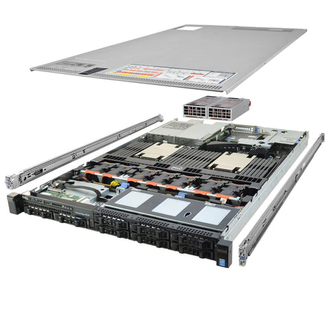 1U 8-Bay PowerEdge R630 2.5'' SAS \/ SATA quarter turn view with lid raised to show interior components, with 2 PSUs and rail kit TM-SAP-630-406