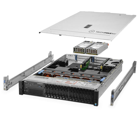 2U 16-Bay PowerEdge R730 2.5'' SAS \/ SATA quarter turn view with lid raised to show interior components, with 2 PSUs and rail kit TM-730-SAP-718